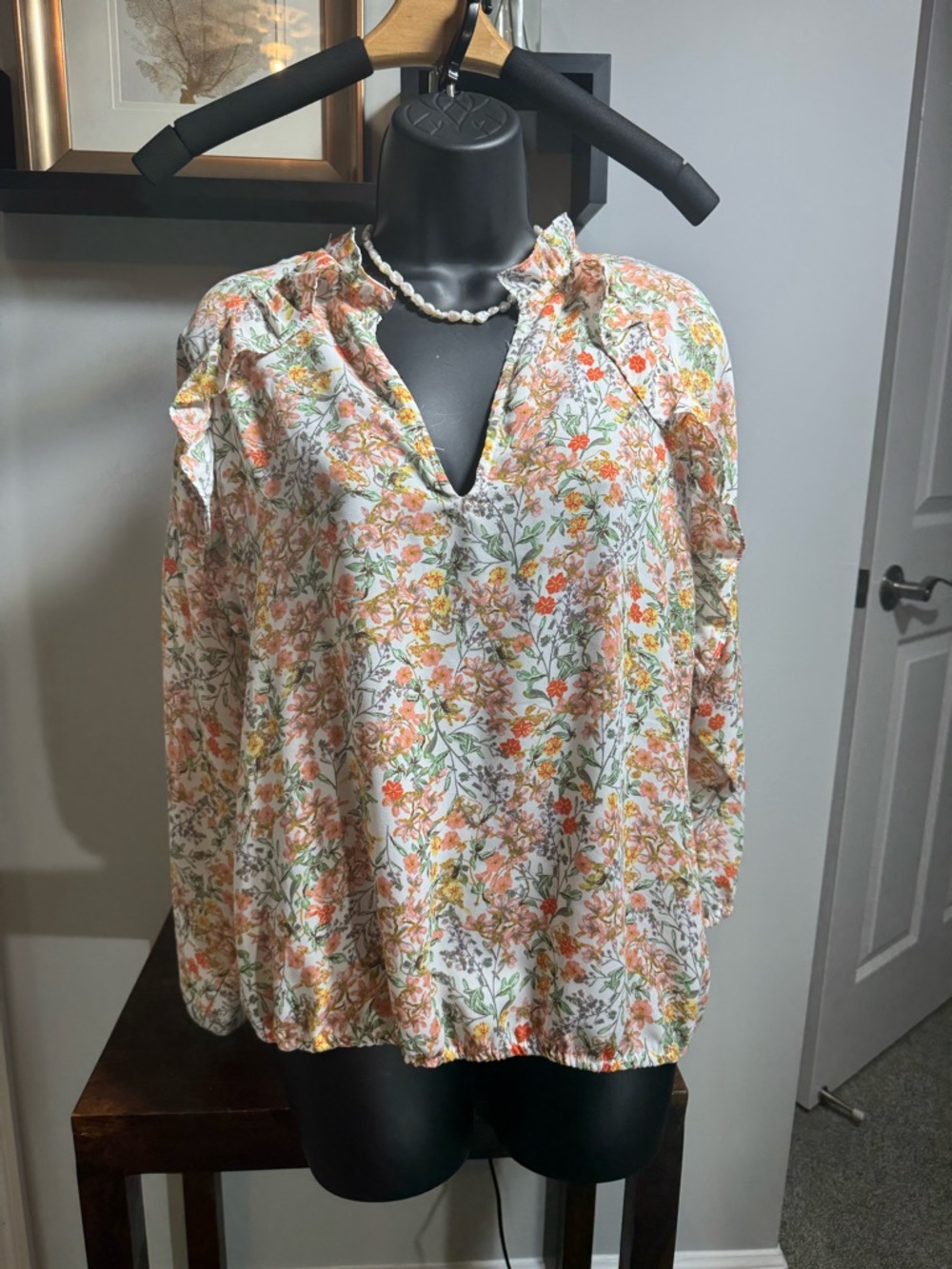 Women's Floral V-Neck Ruffle-Trim Blouse - White with Peach & Green Floral